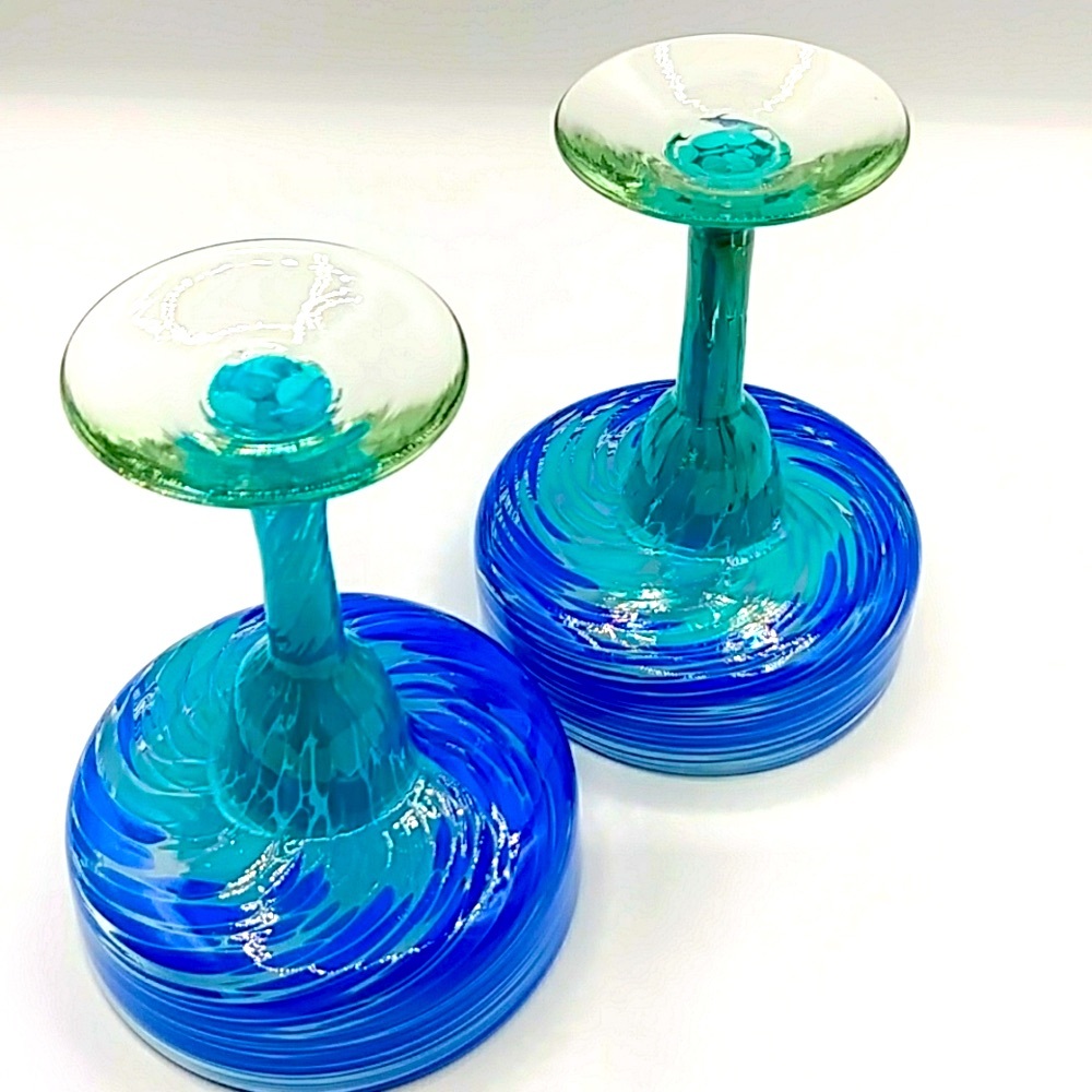 2 Hand Blown Margarita Glasses. Blue & Green Swirls. - Picture 5 of 8